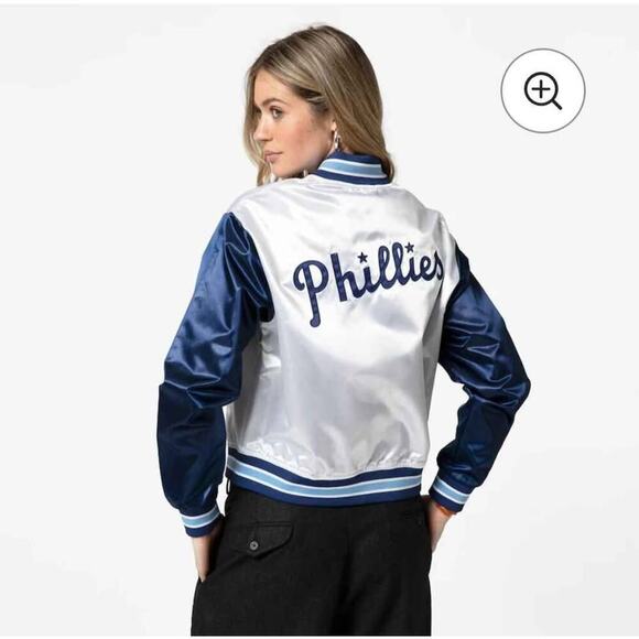 NWT Women's White Philadelphia Phillies Cropped Satin Full-Snap Jacket - Picture 2 of 9